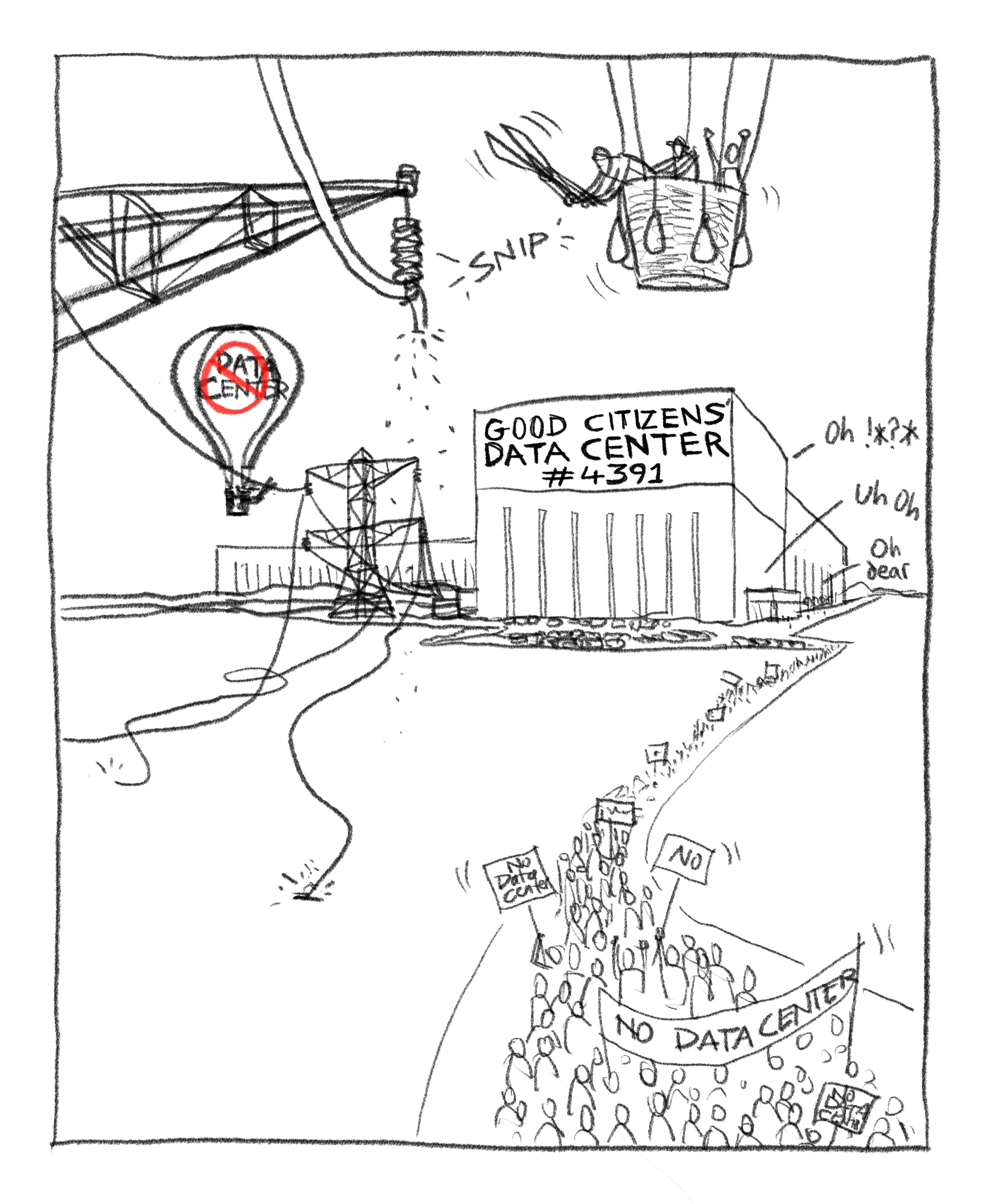 Cartoon: hot air balloon with scissors cutting power lines to a data center, protesters below