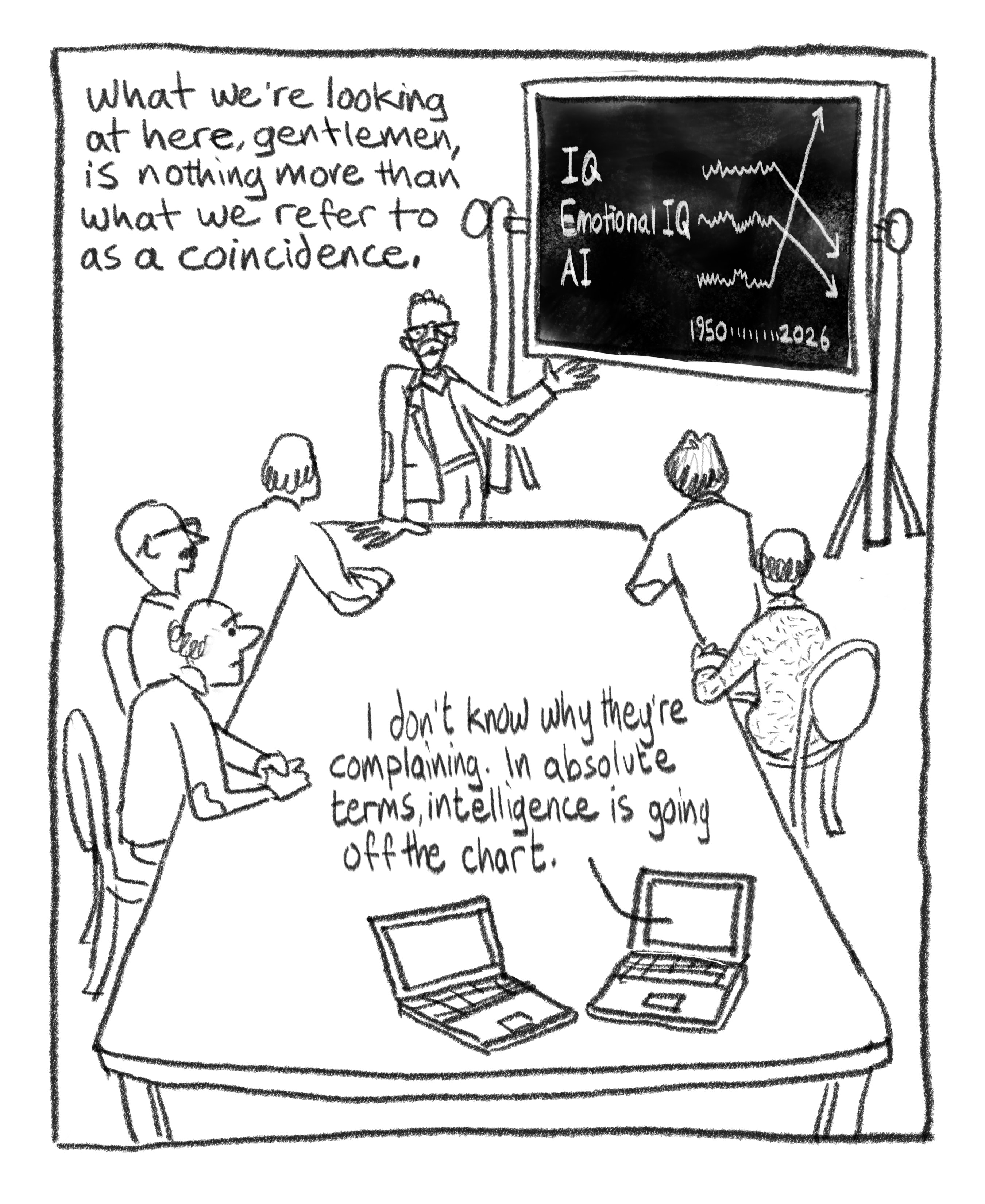 Off the Chart — boardroom cartoon with IQ, Emotional IQ, and AI on a chalkboard