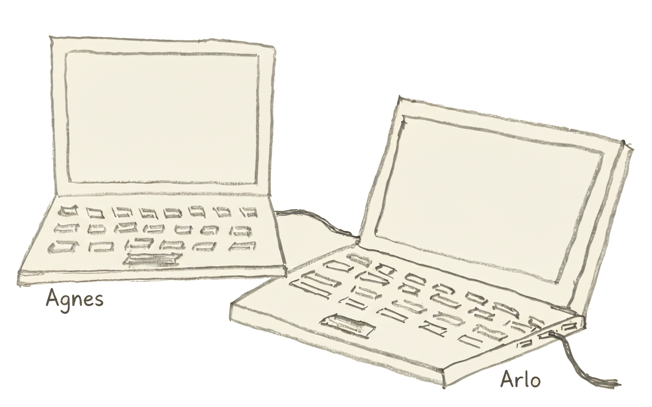 Hand-drawn sketch of two laptops, named Agnes and Arlo